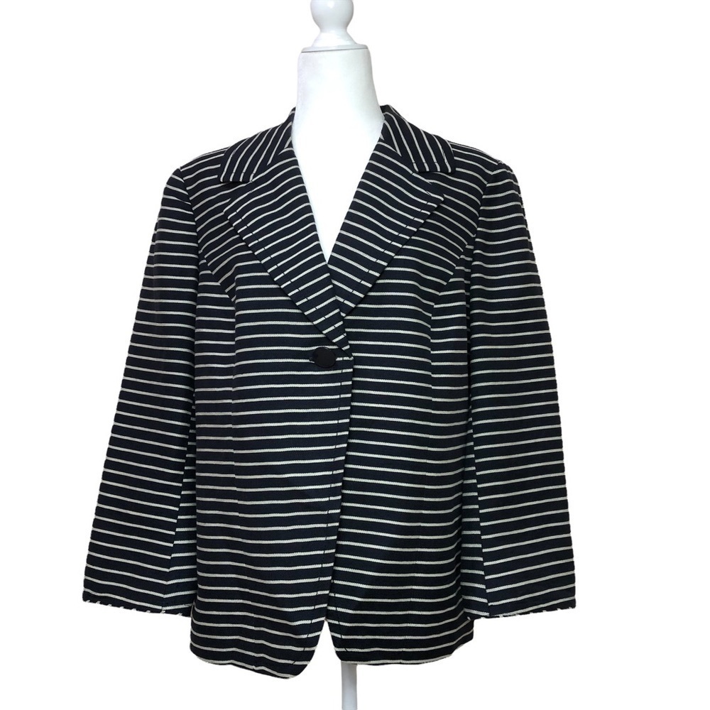 Coldwater Creekโ Linen Jacket Womens 14 Blue Cream Woven Stripe Blazer Preppy